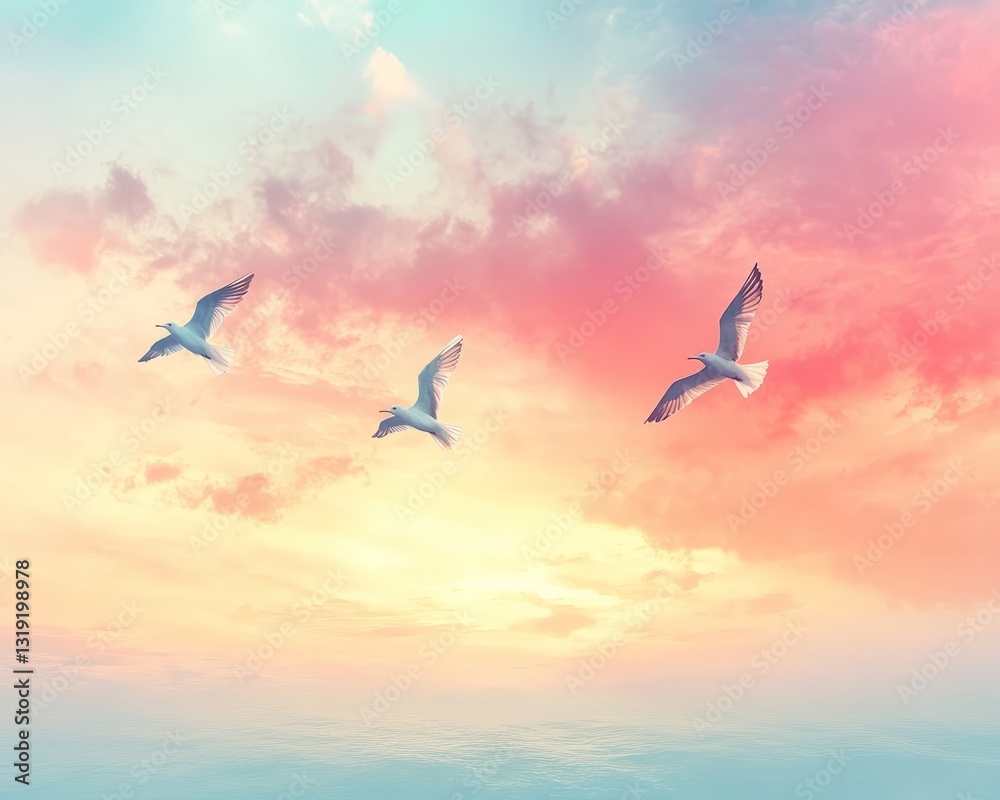 Fototapeta premium Abstract pastel-colored sky, gentle sunrise tones, birds flying in harmony