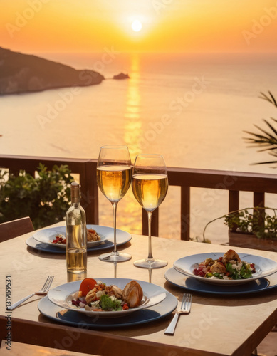 Romantic table set for two person with luxurious food, glasses of wine drinks in restaurant terrace with beautiful sea view on sunset