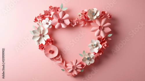 Happy Mother Day and special card. Floral heart arrangement on a pink background, perfect for romantic themes.