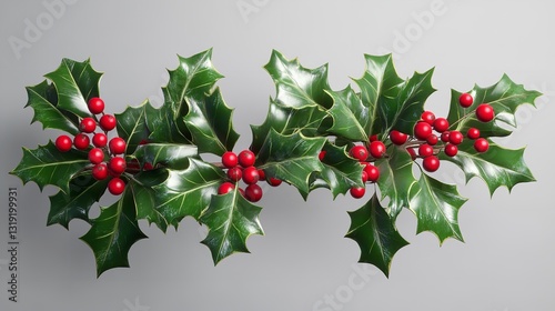 A Festive Holly Sprig Adorned With Vibrant Red Berries, Embodying The Spirit Of Winter Holidays Against A Subtly Textured Grey Background