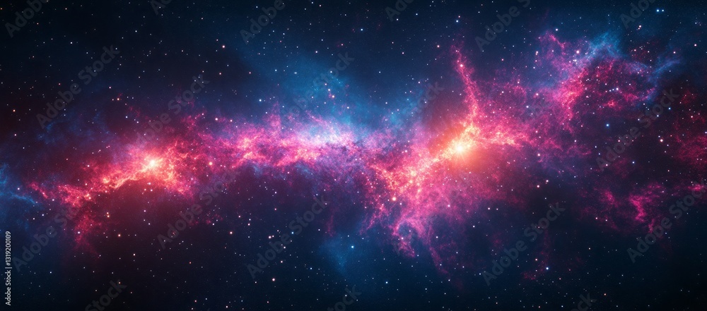Naklejka premium A long space with many stars and a pink line. A stunning nebula in the universe, with stars and dust clouds forming intricate patterns against an expansive background of deep space.