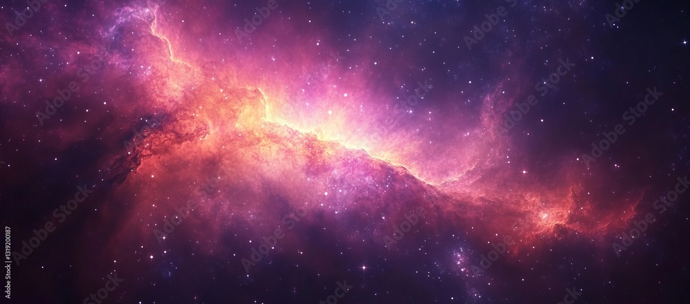 Obraz premium A purple and orange galaxy with many stars. A stunning nebula in the universe, with stars and dust clouds forming intricate patterns against an expansive background of deep space.