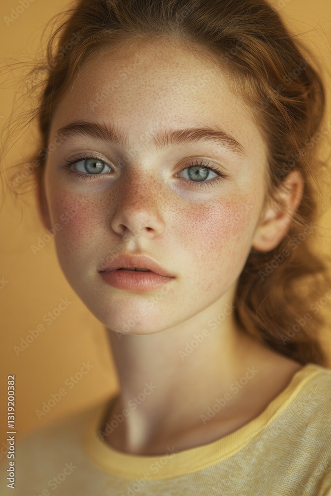 Fototapeta premium Female model with natural beauty looking at the camera. Freckles, blue eyes, neutral expression.