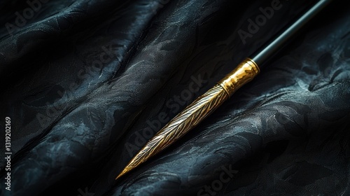 Elegant Golden Wand Resting on Dark Textured Fabric Creating a Mystical Atmosphere photo