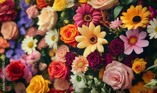 Close up, many flowers, many colors and various types wall background for wedding decoration and presentation.