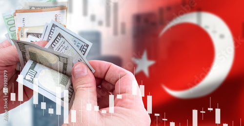 Fototapeta Naklejka Na Ścianę i Meble -  Financial crisis in turkey. Hands with dollars near Turkish flag. Crisis chart near symbol of turkey. Concept reducing rate of investment in government bonds. Banking crisis in turkey. Lira recession