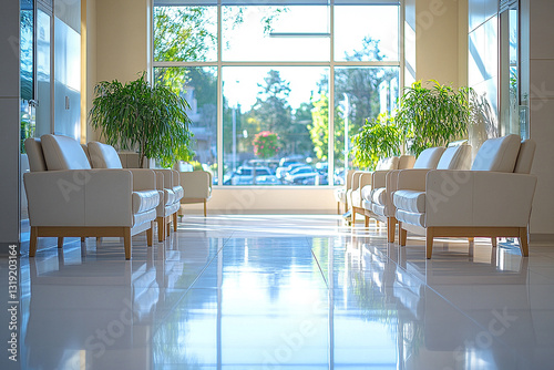 Bright Modern Interior with Large Windows and Green Plants, Minimalist Design