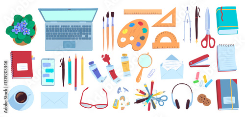 Top view flat lay vector illustration set of education and office workplace with laptop