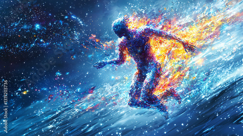 A human figure dissolving into cosmic energy, representing conscious evolution and metaphysical rebirth.