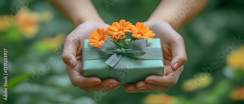 Delicate hands presenting a small green gift box with a bow and vibrant flowers, blurred green background, symbolism of new beginnings, natural beauty, ultradetailed photo