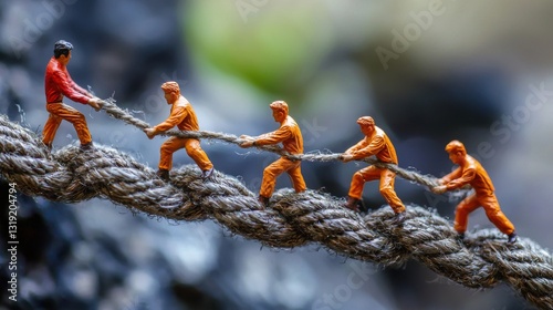 Miniature Figurines Pulling Rope Together Demonstrating Teamwork and Cooperation in Nature