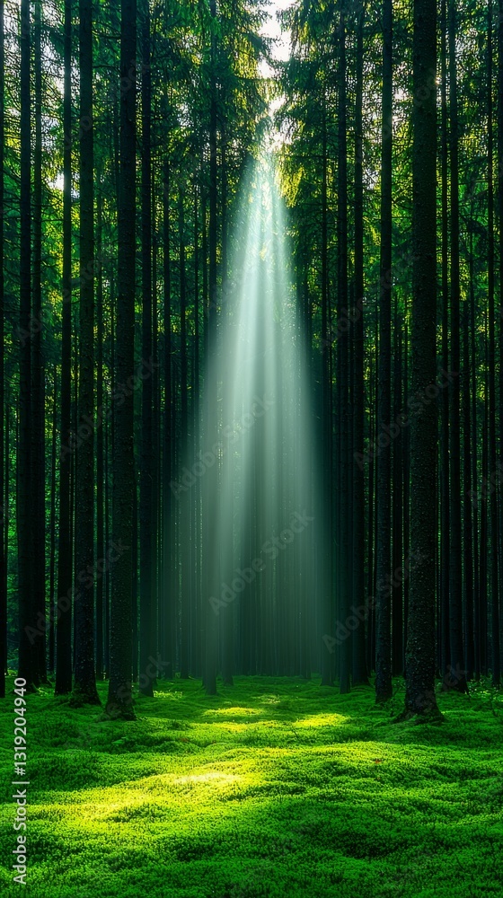 Obraz premium Sunbeams Illuminating Lush Green Forest Nature Scene Tranquil Environment Natural Light Serene Viewpoint