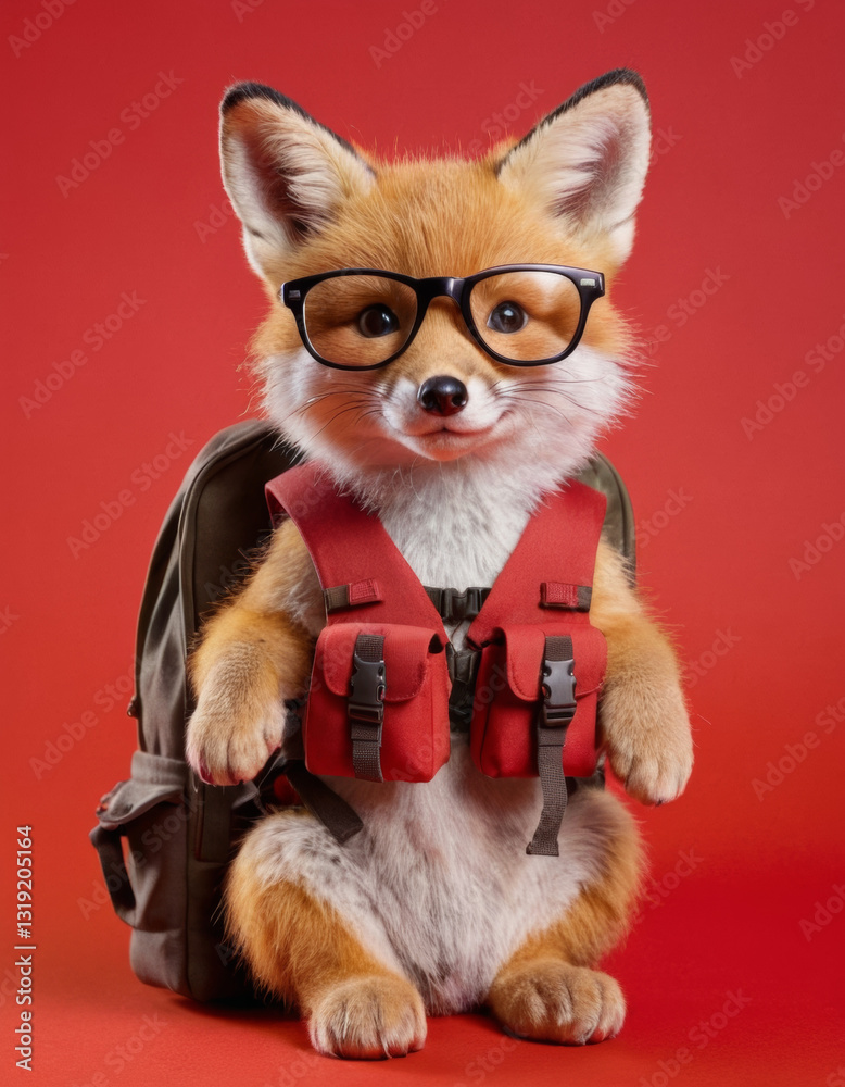 Obraz premium Cheerful fox cub with glasses and a tiny backpack sitting on a red background. Adventure, school life, learning, back to school, woodland theme.