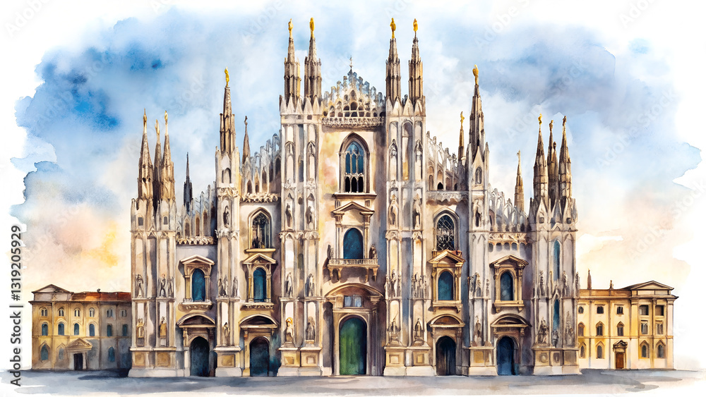 Fototapeta premium Elegant hand-drawn watercolor illustration of St. Milan Cathedral landscape painting, beautifully detailed with soft brushstrokes on a white background, perfect for art prints and decor.