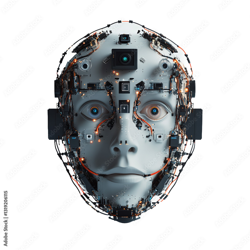 Fototapeta premium White Gray Android Robot Head with Glowing Orange Circuitry Transparent PNG Background