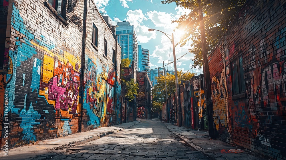 Fototapeta premium Vibrant Urban Alleyway with Colorful Graffiti Under Bright Sunlight