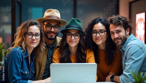 Young Professionals Collaborating on Laptop in Modern Office