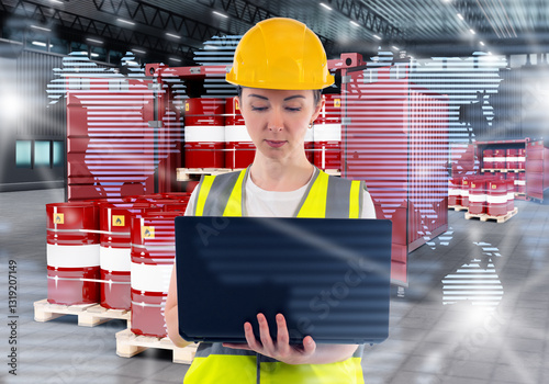 Woman near shipping contain...