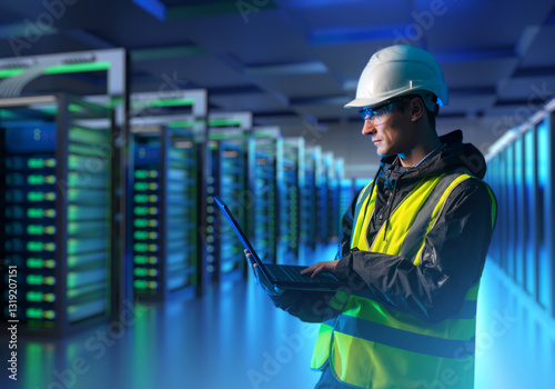 Man engineer inside data center. Server racks behind guy with laptop. System administrator in yellow vest. Worker with computer maintains server equipment. Man data center manager wearing helmet