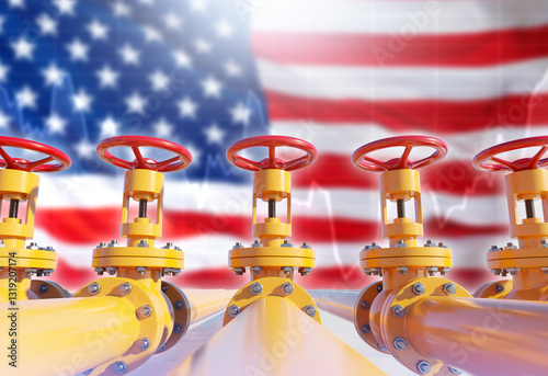 Gas pipes near US flag. Oil...