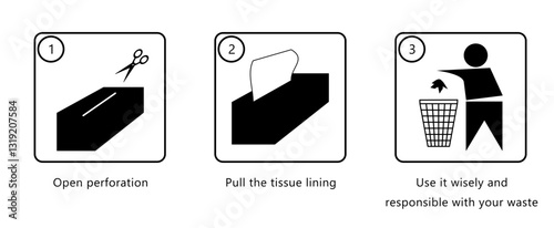 tissue pack direction use icon sign symbol black color design element for manufacture industry business 