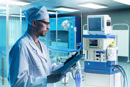 Man doctor holds test tube with blood. Medical specialist from hospital took test from patient. Doctor in surgeon office. Nurse in white coat. Man doctor near resuscitation equipment