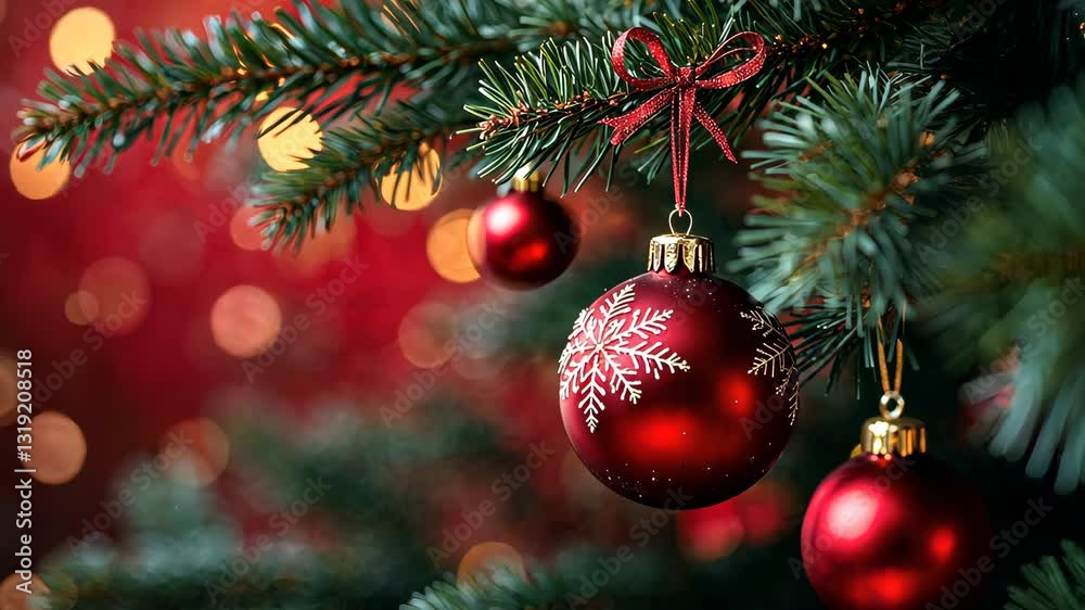 Holiday Cheer: A close-up of a festive Christmas tree branch adorned with red ornaments and a delicate bow, creating a warm and inviting holiday atmosphere. Holiday Cheer: A close-up of a festive Christmas tree branch adorned with red ornaments and a delicate bow, creating a warm and inviting holiday atmosphere.