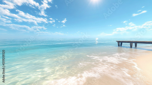 Serene beach scene with wooden pier extending into calm turquoise water under a bright sunny sky, showcasing tranquility and summer vacation