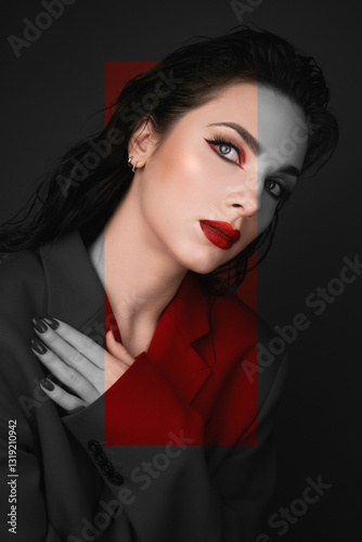 Young Woman In Red Suit With Red Lips Posing On The Red Background