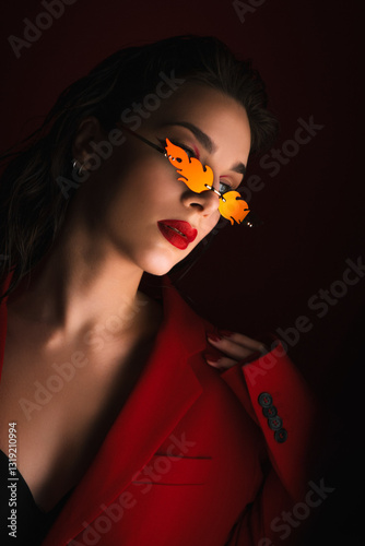 Young Woman In Red Suit With Red Lips And Sunglasses Posing On The Black Background