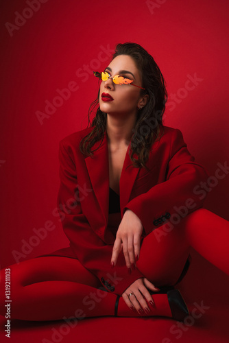 Young Woman In Red Suit With Red Lips And Sunglasses Posing On The Red Background