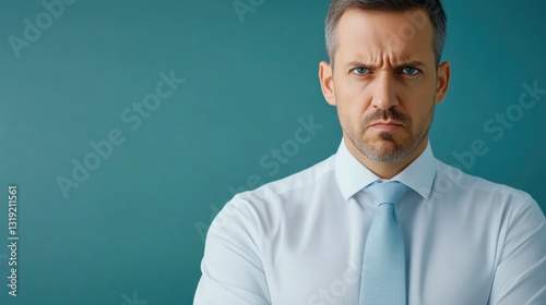 Close-up of boss with stern expression during employee reprimand