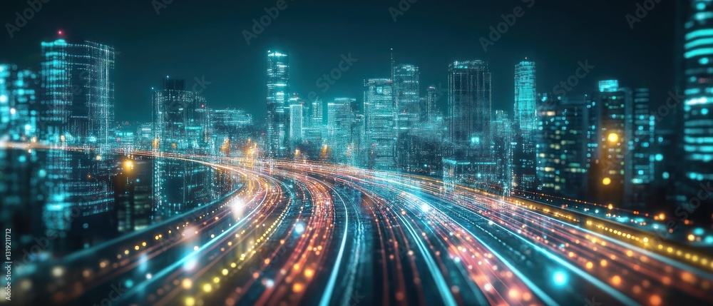 Fototapeta premium Nighttime cityscape with vibrant light trails and skyline