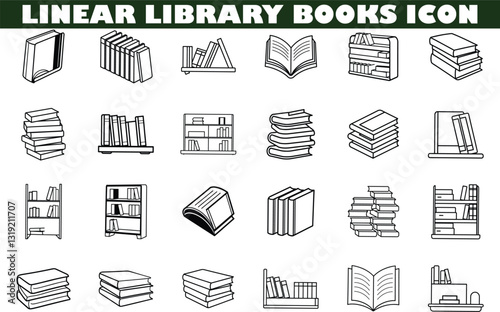 Linear Library Books Icons Stacks, Shelves, and Open Books