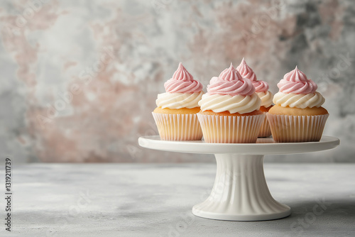 Tasty cupcakes with pink and white frosting on a cake stand