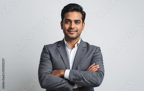 Confident Indian entrepreneur standing with arms crossed on white background, Indian businessman wearing a suit standing with arms crossed

