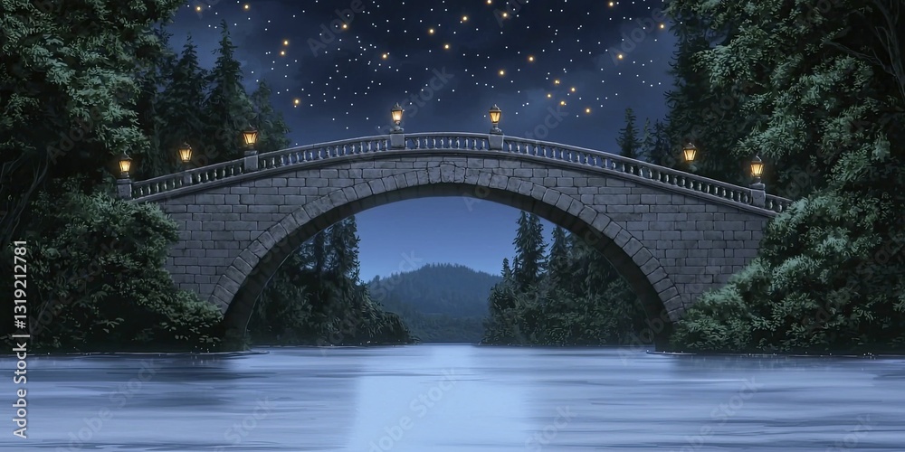 Fototapeta premium A whimsical bridge arches over city canal, where lanterns drift like fireflies, illuminating ripples with a soft, enchanting light.