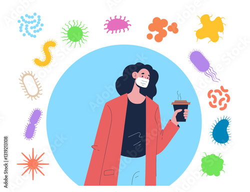 People wearing protective masks in polluted dirty microbe air in city. Vector graphic simple doodle line art outline design illustration