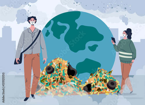 People wearing protective masks in polluted dirty microbe air in city. Vector graphic simple doodle line art outline design illustration