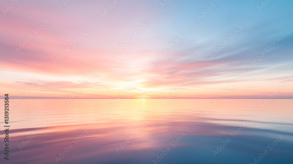 Obraz premium Colorful serene sunrise over calm water, pastel pink and blue sky reflecting in still lake, peaceful morning ambiance.