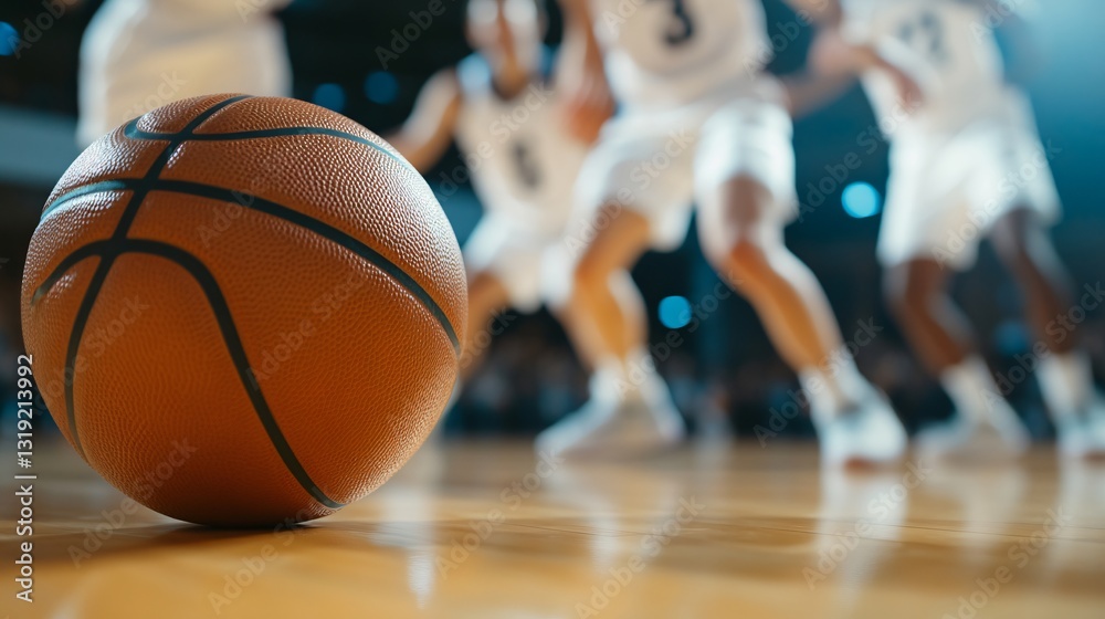 Obraz premium Dynamic basketball action, athletes in motion on court, focused on dribbling ball, energy and teamwork on display