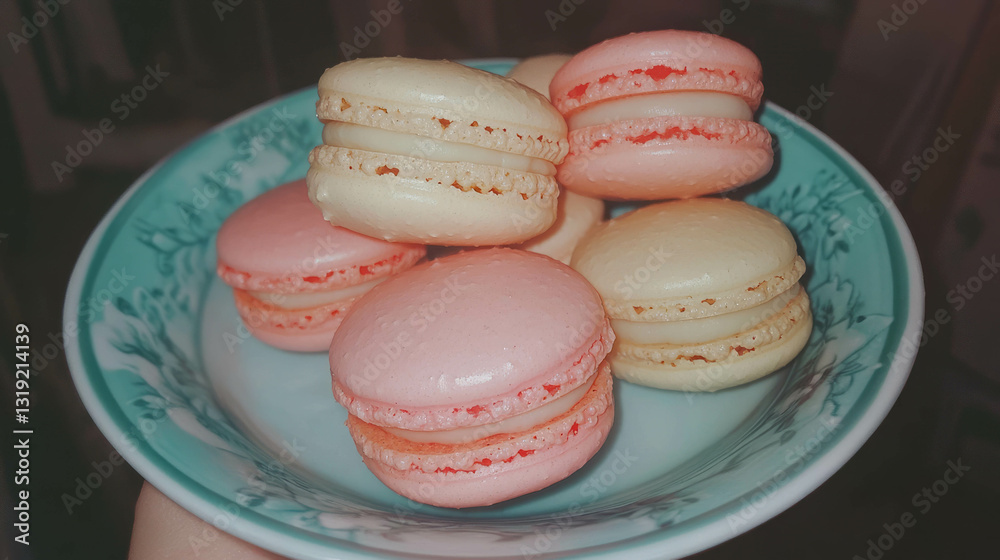 Fototapeta premium Elegant plate of assorted pastel macarons ideal for dessert and party decor