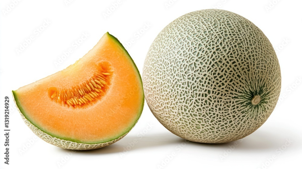 Fresh Cantaloupe Slice and Whole Fruit Against White Background Fresh Cantaloupe Slice and Whole Fruit Against White Background