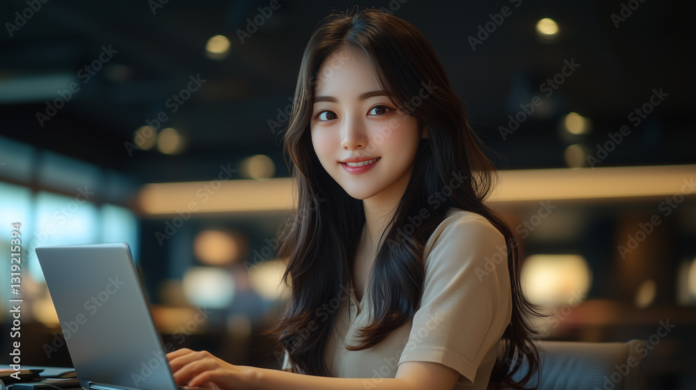 Young Korean worker engaged in creative tasks at a modern office environment during evening hours Young Korean worker engaged in creative tasks at a modern office environment during evening hours