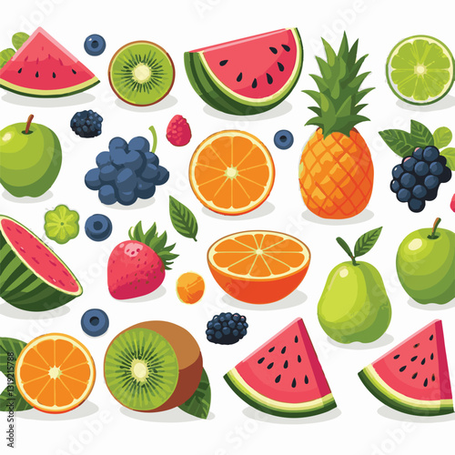 fruit, fresh, food, illustration, juicy, summer, healthy, background, lemon, organic, diet, vegetarian, sweet, dessert, orange, vector, berry, nutrition, vegan, isolated, citrus, tropical, apple, kiwi