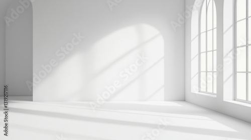 Minimalist all-white room with arches and natural light streaming through gridded windows