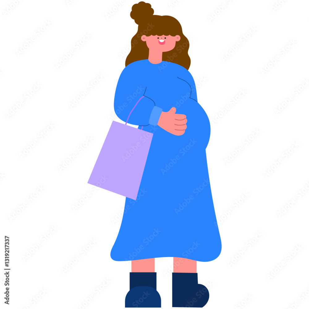 happy pregnant woman holding shopping bags, preparing for motherhood flat vector illustration