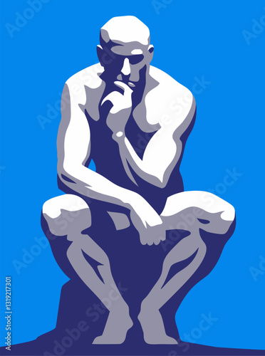 Modern vector illustration of a man in deep thought, sitting on a stump.
