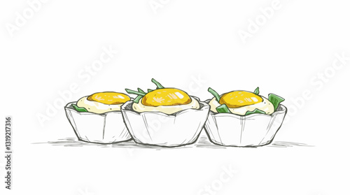 Vector sketch of mini egg muffins with cheese and herbs in a minimalistic setting