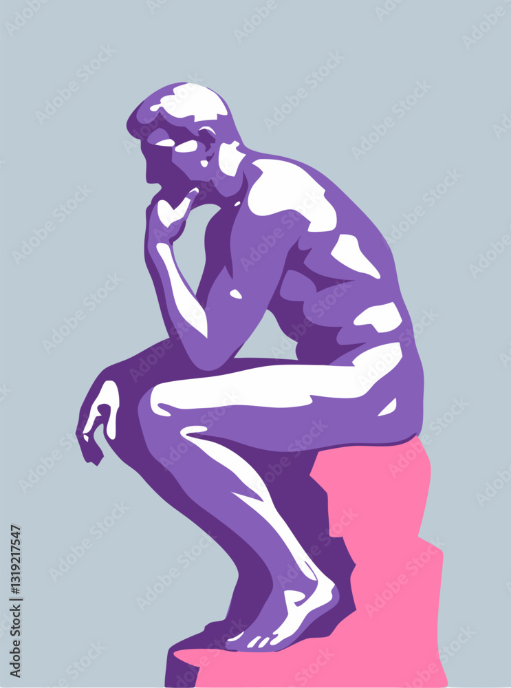 Modern vector illustration of a nude man in deep thought, sitting on a stump Modern vector illustration of a nude man in deep thought, sitting on a stump